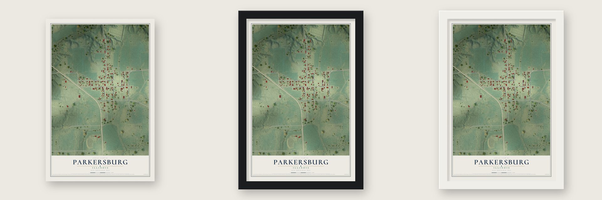 Parkersburg, Illinois map unframed, in a black wood frame and in a white wood frame