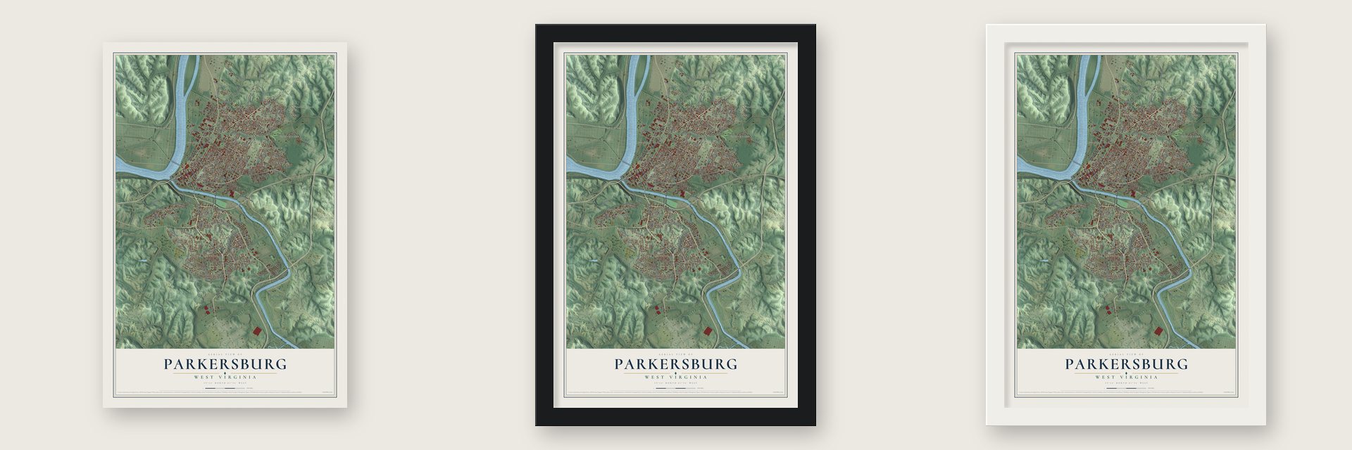 Parkersburg, West Virginia map unframed, in a black wood frame and in a white wood frame
