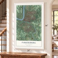 Parkersburg, West Virginia map, 24 x 36 inch print in a white frame by a staircase