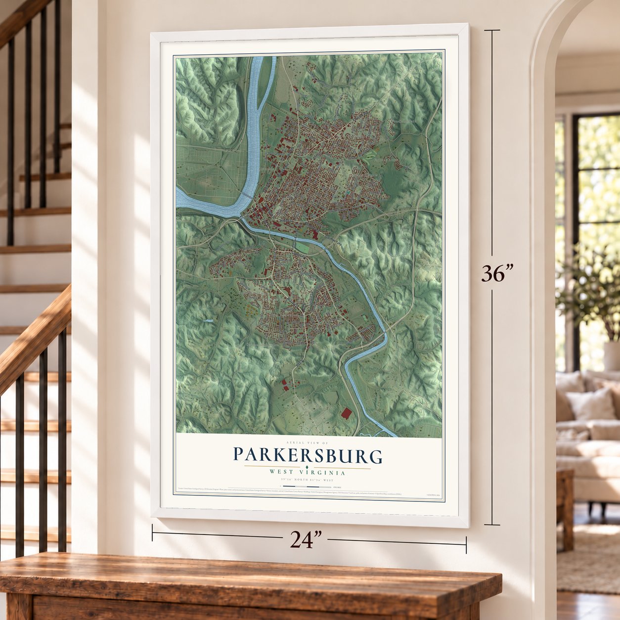 Parkersburg, West Virginia map, 24 x 36 inch print in a white frame by a staircase