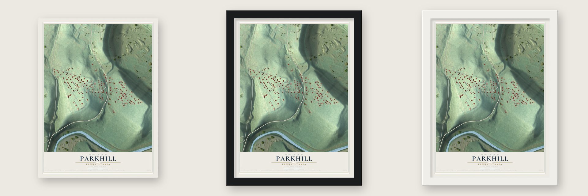 Parkhill, Pennsylvania map unframed, in a black wood frame and in a white wood frame