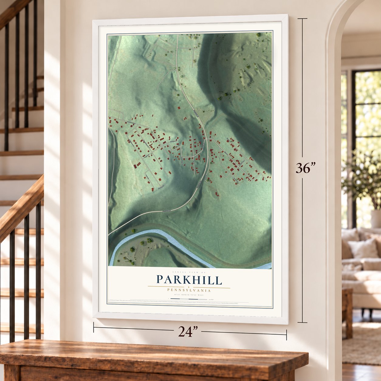 Parkhill, Pennsylvania map, 24 x 36 inch print in a white frame by a staircase