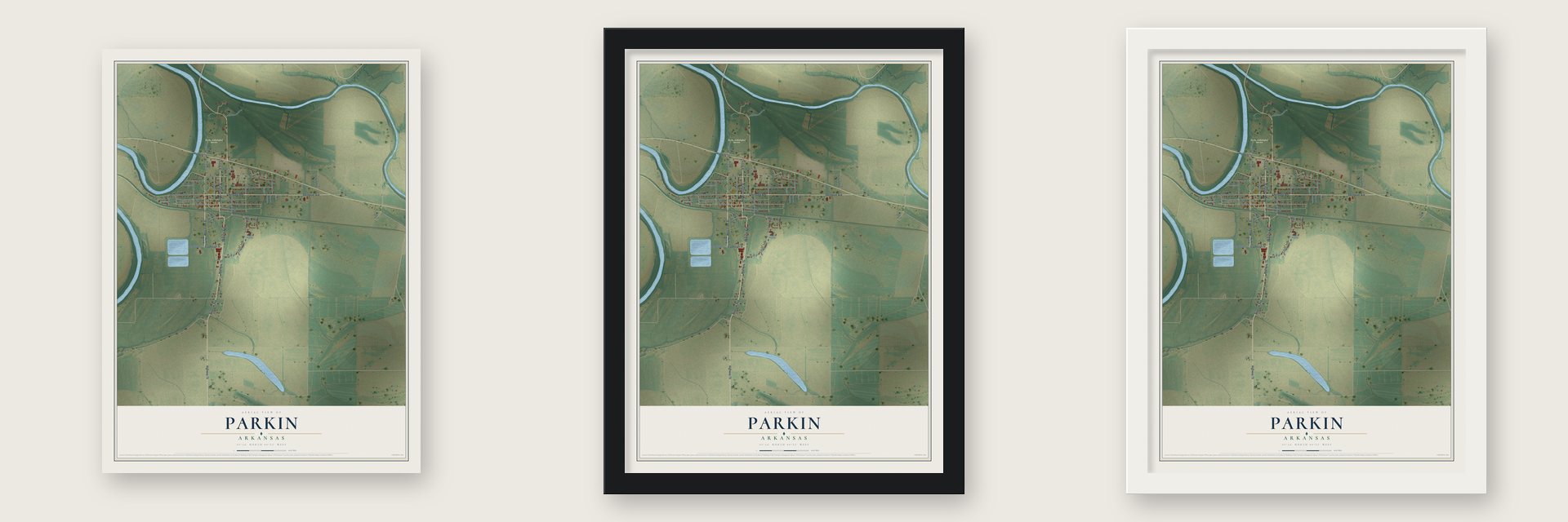 Parkin, Arkansas map unframed, in a black wood frame and in a white wood frame