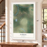 Parkin, Arkansas map, 24 x 36 inch print in a white frame by a staircase