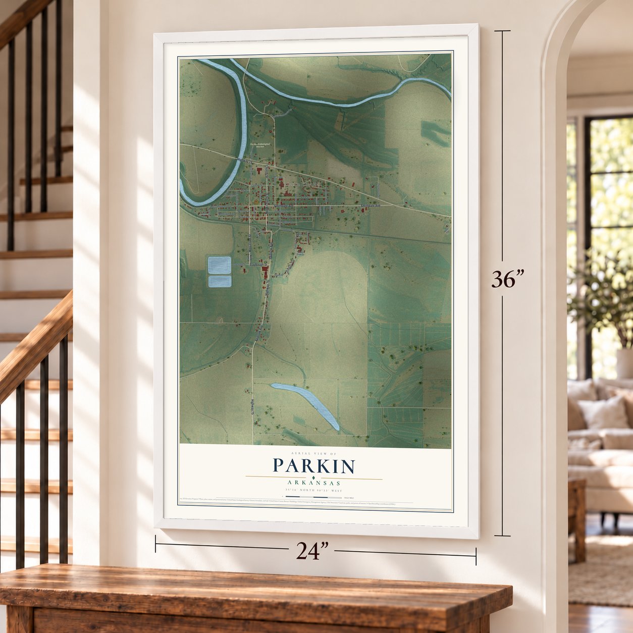Parkin, Arkansas map, 24 x 36 inch print in a white frame by a staircase