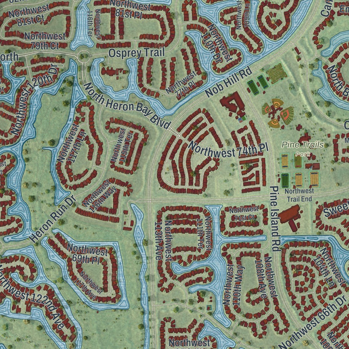 Second close-up of the map of Parkland, Florida print showing more streets and buildings