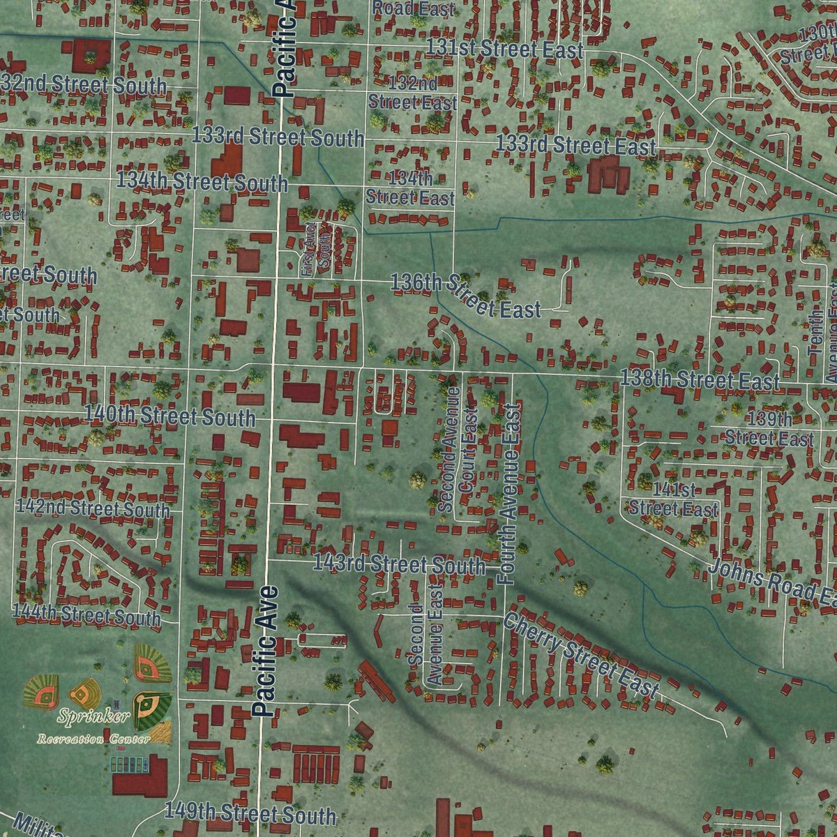 Second close-up of the map of Parkland, Washington print showing more streets and buildings