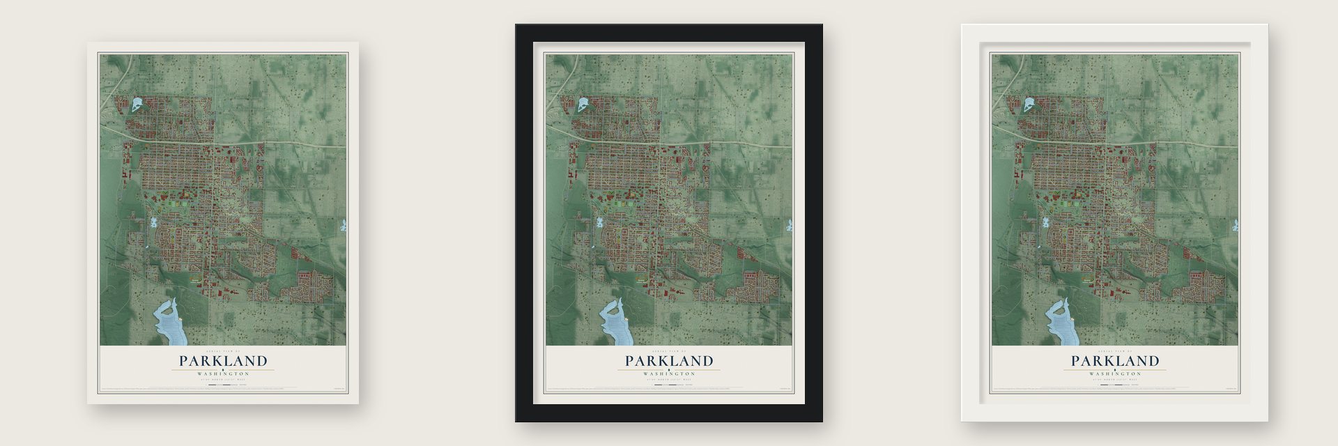 Parkland, Washington map unframed, in a black wood frame and in a white wood frame