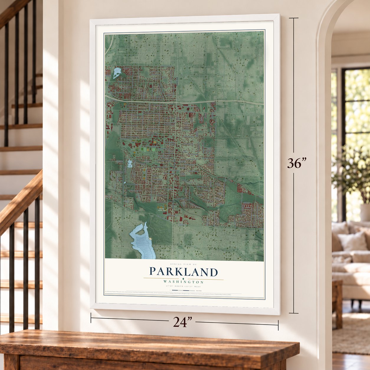 Parkland, Washington map, 24 x 36 inch print in a white frame by a staircase
