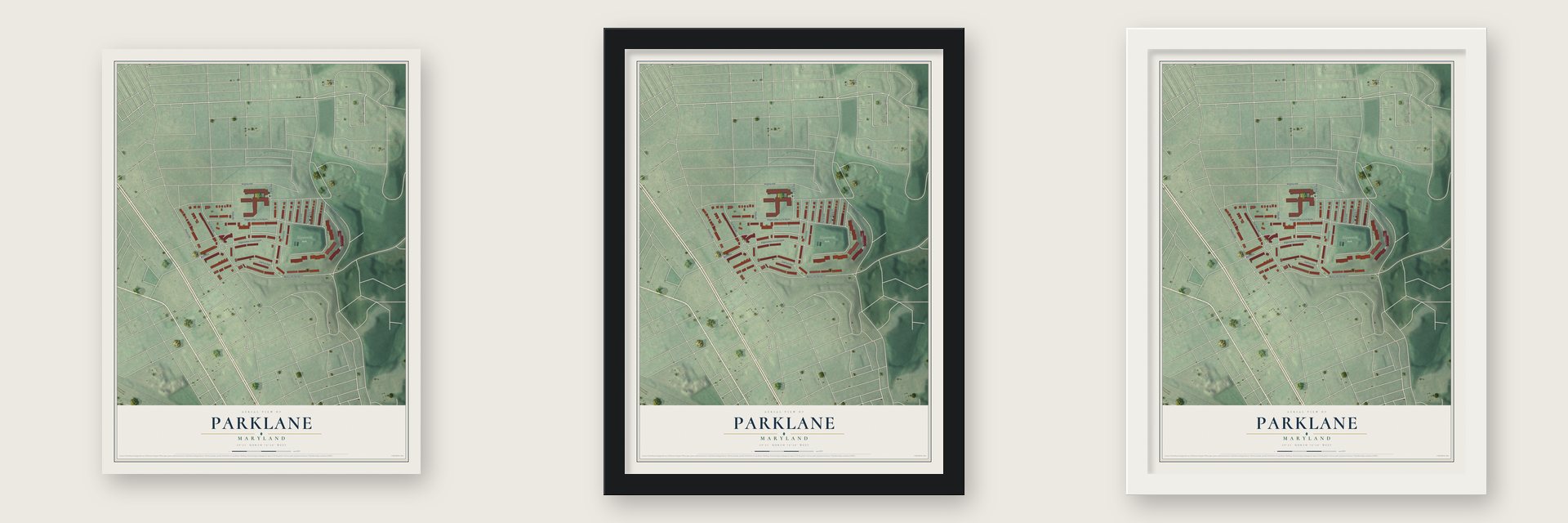 Parklane, Maryland map unframed, in a black wood frame and in a white wood frame