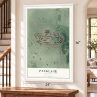 Parklane, Maryland map, 24 x 36 inch print in a white frame by a staircase