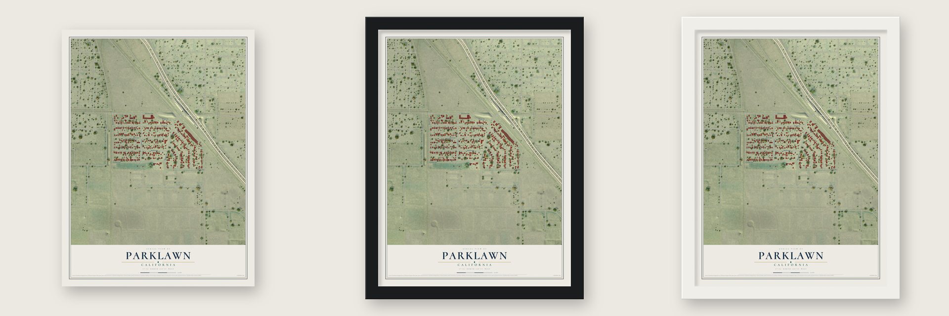 Parklawn, California map unframed, in a black wood frame and in a white wood frame