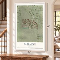 Parklawn, California map, 24 x 36 inch print in a white frame by a staircase