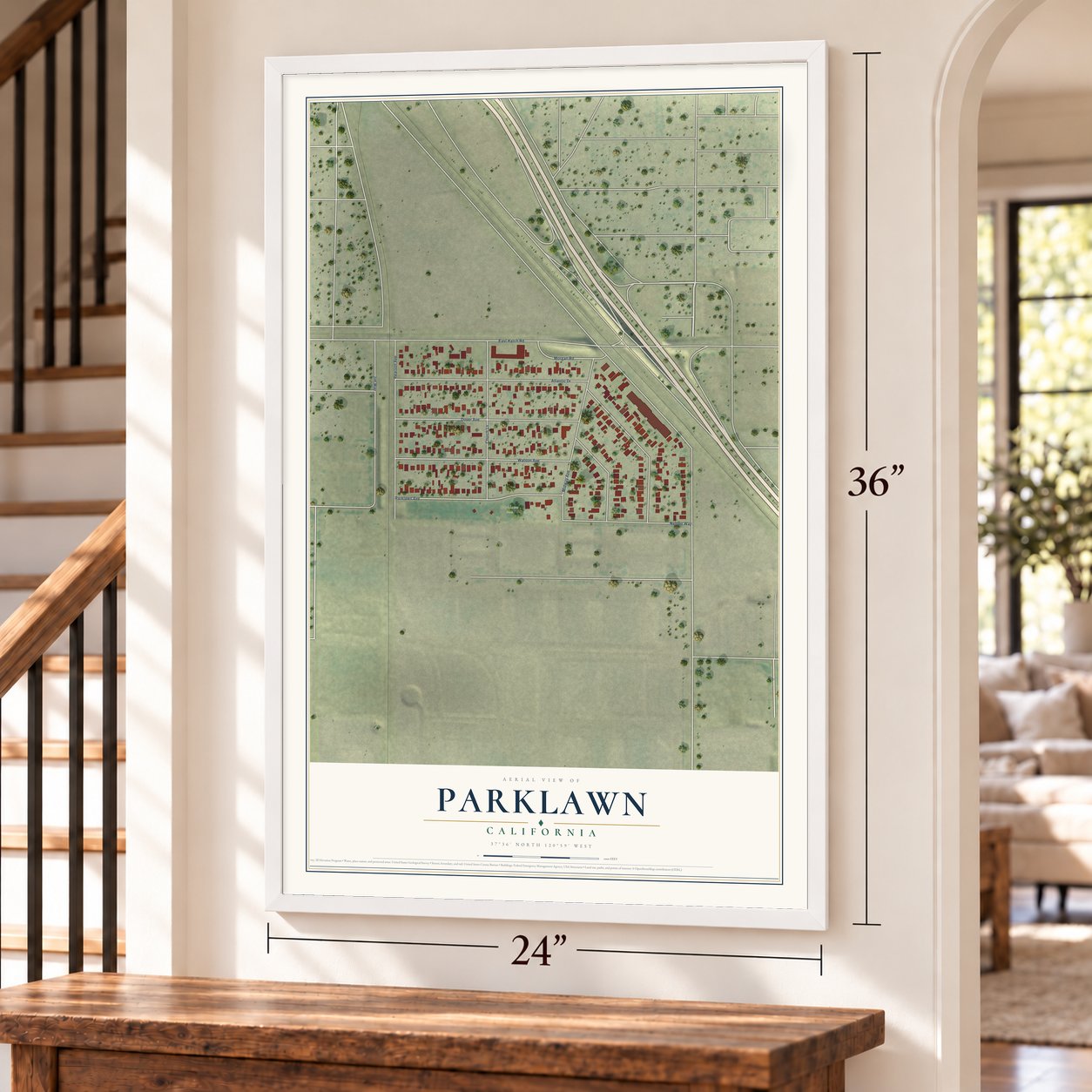 Parklawn, California map, 24 x 36 inch print in a white frame by a staircase