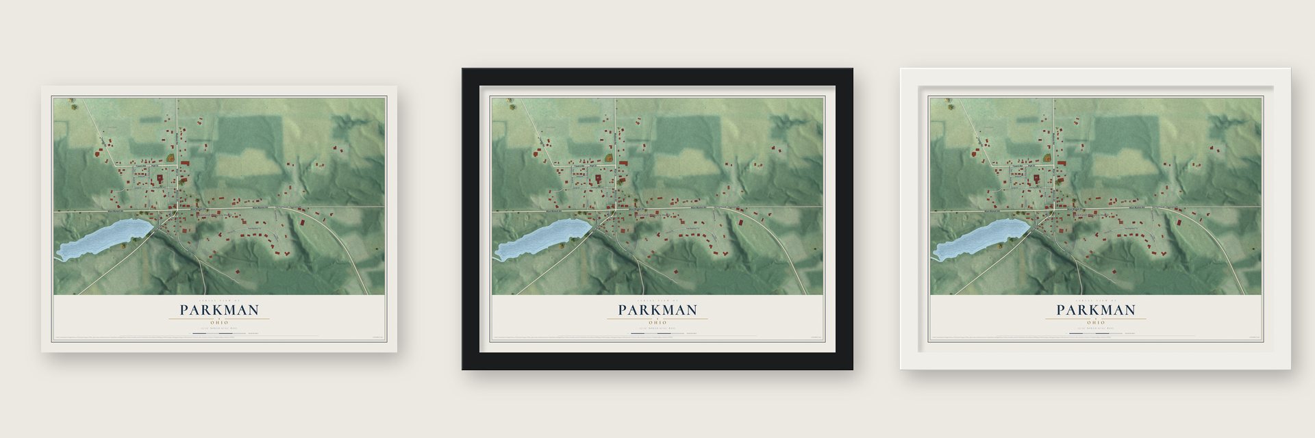 Parkman, Ohio map unframed, in a black wood frame and in a white wood frame