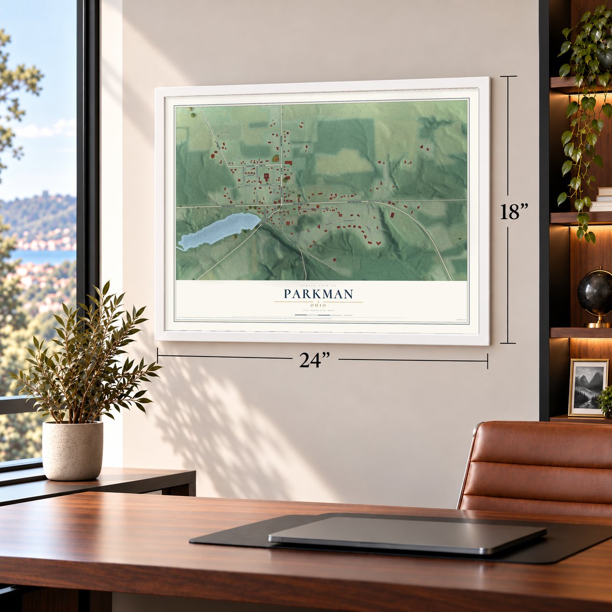 Parkman, Ohio map, 18 x 24 inch print in a white frame in a home office