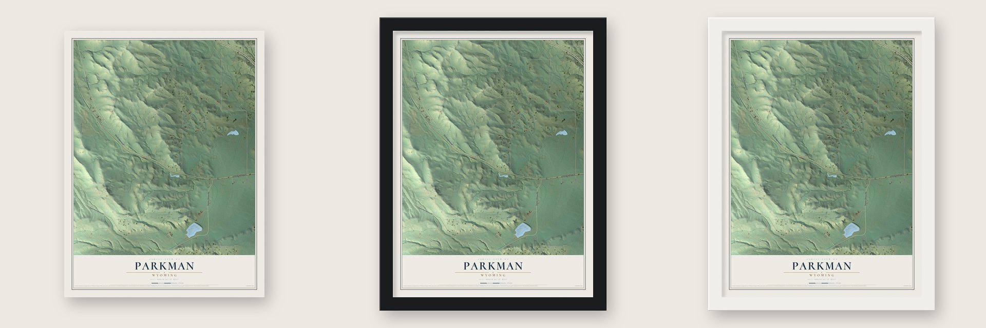 Parkman, Wyoming map unframed, in a black wood frame and in a white wood frame