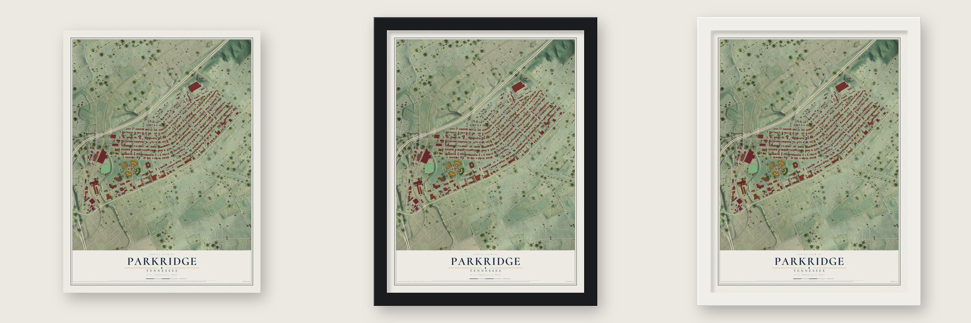 Parkridge, Tennessee map unframed, in a black wood frame and in a white wood frame