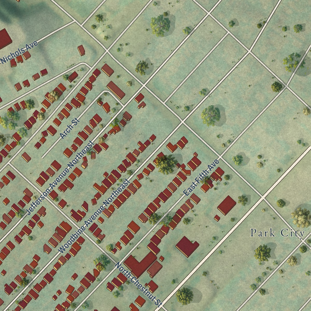 Second close-up of the map of Parkridge, Tennessee print showing more streets and buildings