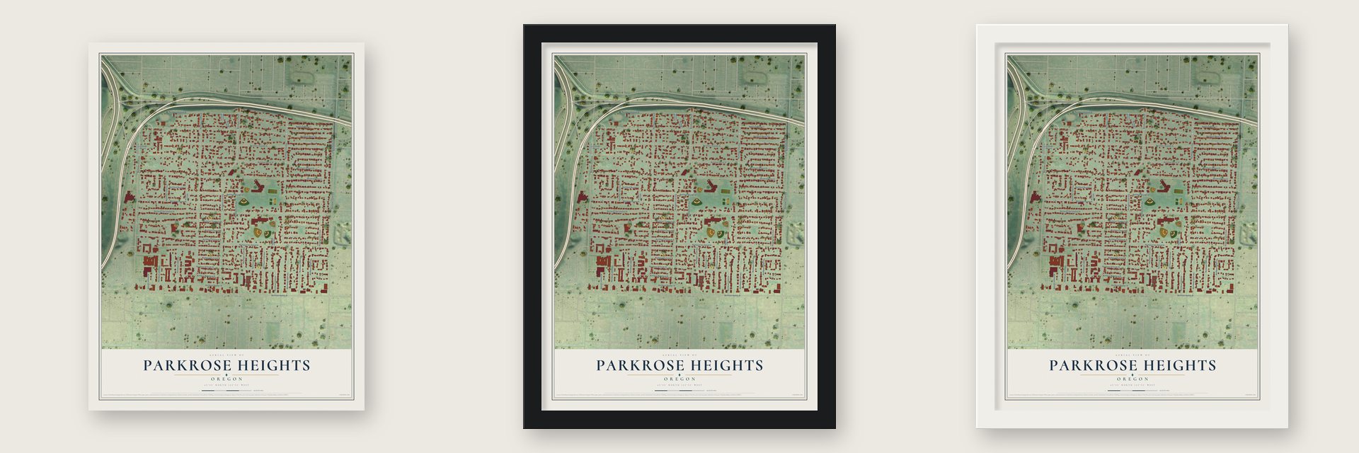 Parkrose Heights, Oregon map unframed, in a black wood frame and in a white wood frame