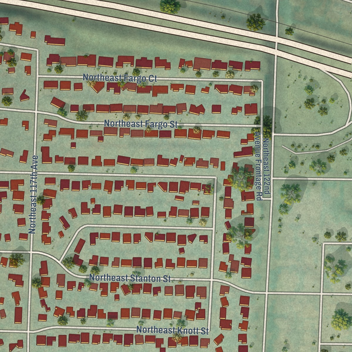 Second close-up of the map of Parkrose Heights, Oregon print showing more streets and buildings