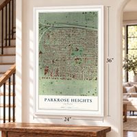 Parkrose Heights, Oregon map, 24 x 36 inch print in a white frame by a staircase