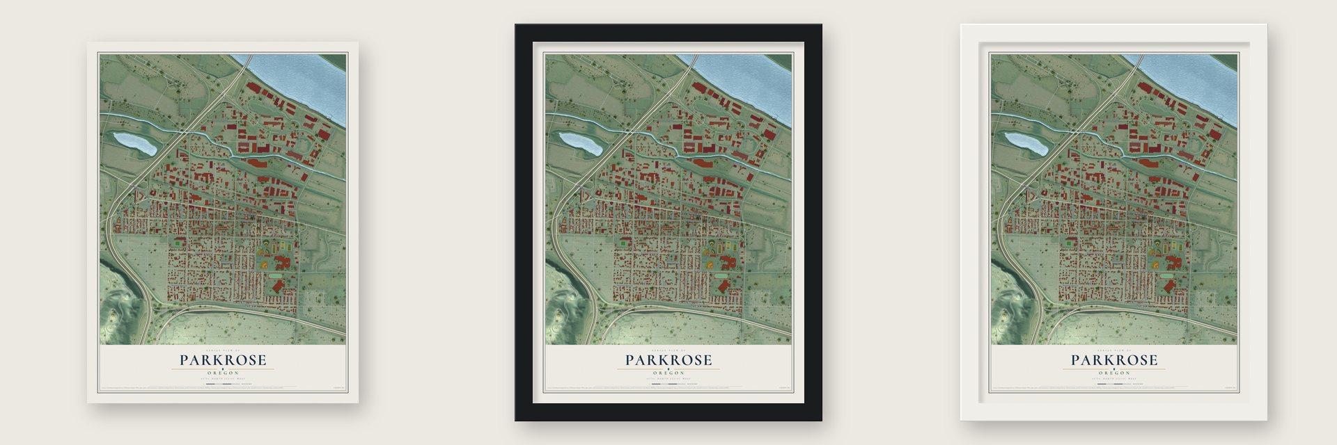 Parkrose, Oregon map unframed, in a black wood frame and in a white wood frame