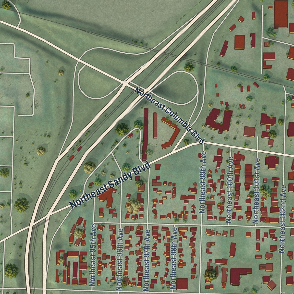 Second close-up of the map of Parkrose, Oregon print showing more streets and buildings