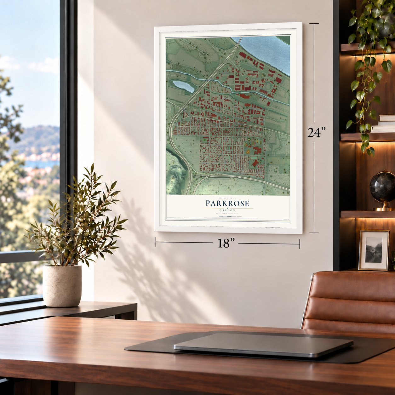 Parkrose, Oregon map, 18 x 24 inch print in a white frame in a home office