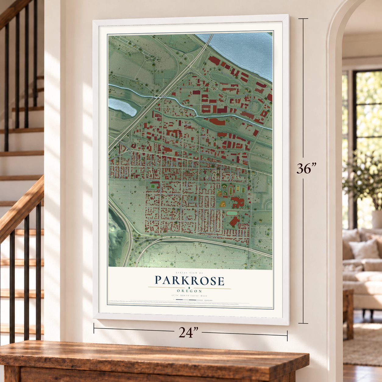 Parkrose, Oregon map, 24 x 36 inch print in a white frame by a staircase