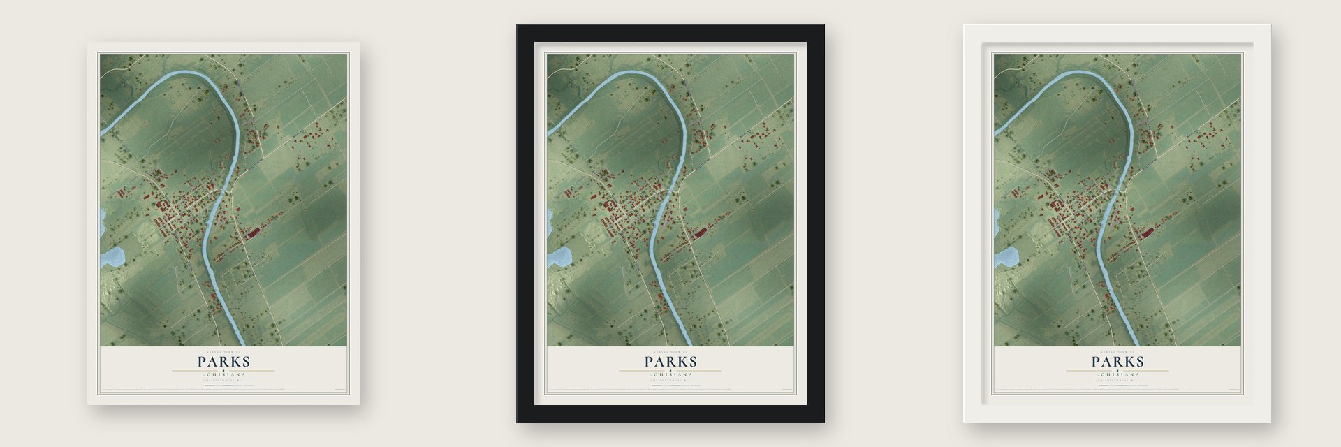 Parks, Louisiana map unframed, in a black wood frame and in a white wood frame