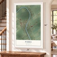 Parks, Louisiana map, 24 x 36 inch print in a white frame by a staircase