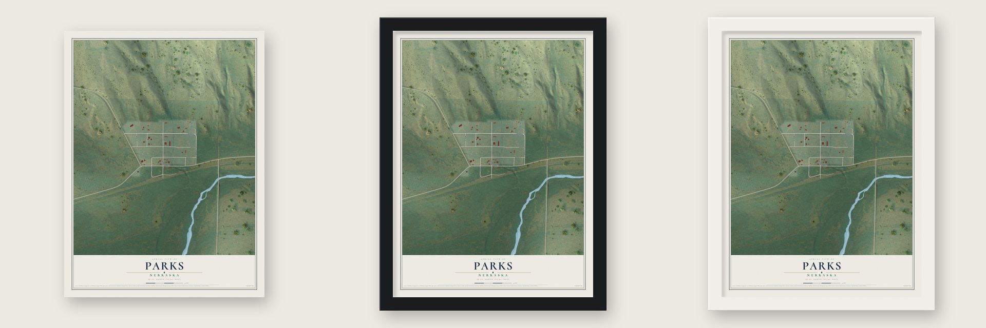 Parks, Nebraska map unframed, in a black wood frame and in a white wood frame