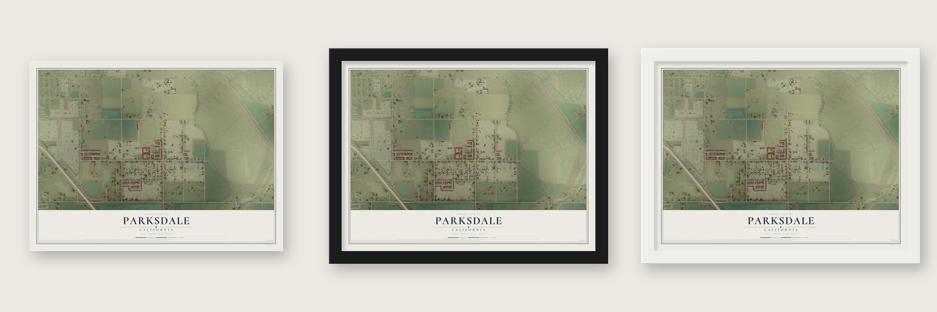 Parksdale, California map unframed, in a black wood frame and in a white wood frame