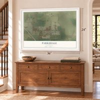 Parksdale, California map, 24 x 36 inch print in a white frame above a dresser by a staircase