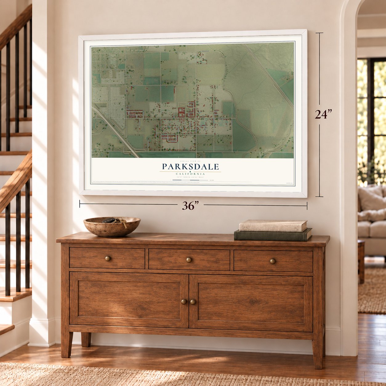 Parksdale, California map, 24 x 36 inch print in a white frame above a dresser by a staircase