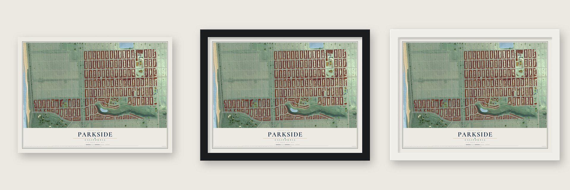 Parkside, California map unframed, in a black wood frame and in a white wood frame