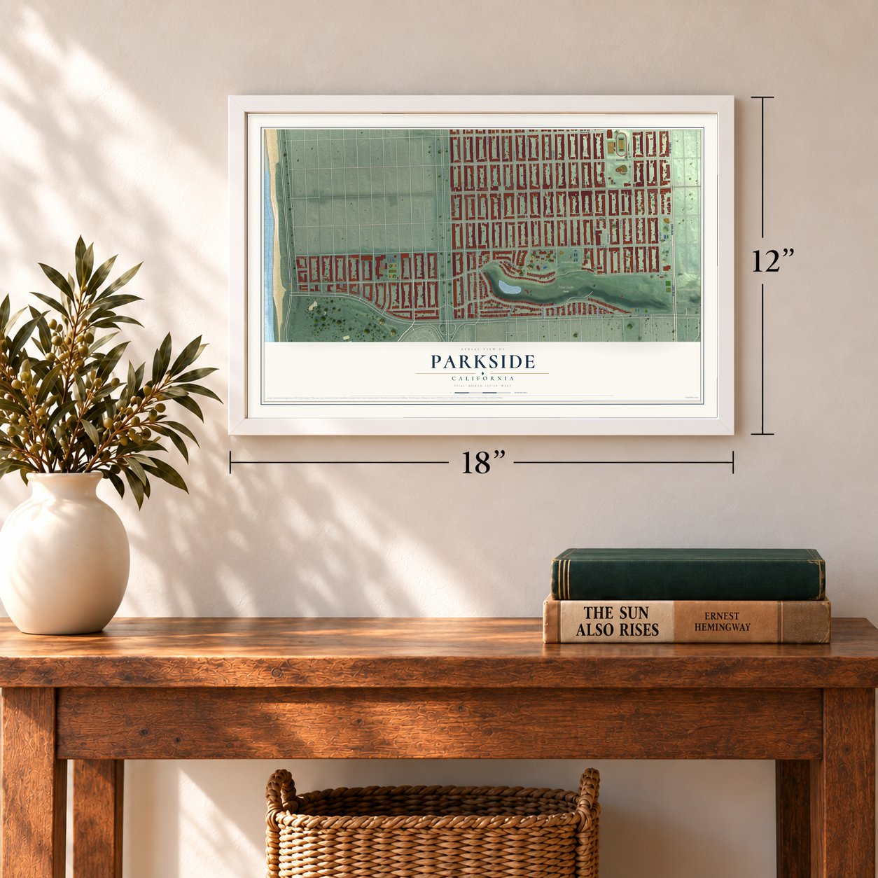Parkside, California map, 12 x 18 inch print in a white frame in an entryway