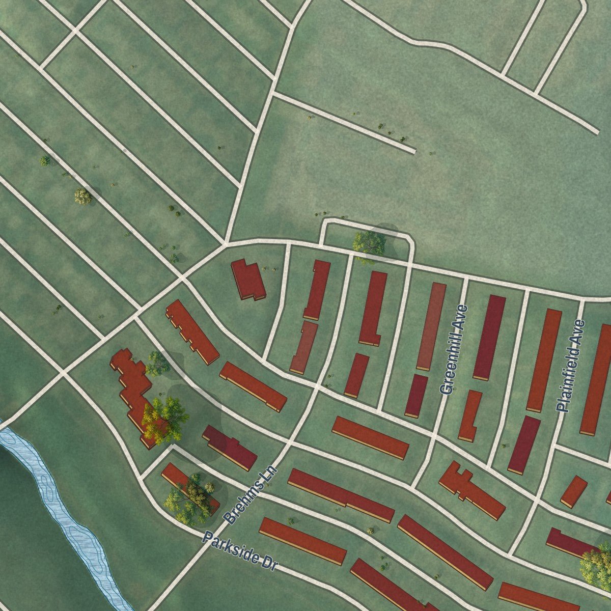 Second close-up of the map of Parkside, Maryland print showing more streets and buildings