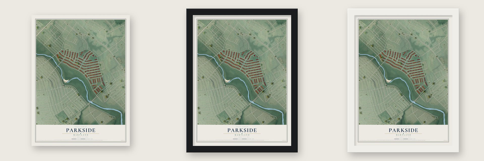 Parkside, Maryland map unframed, in a black wood frame and in a white wood frame