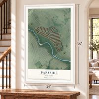 Parkside, Maryland map, 24 x 36 inch print in a white frame by a staircase