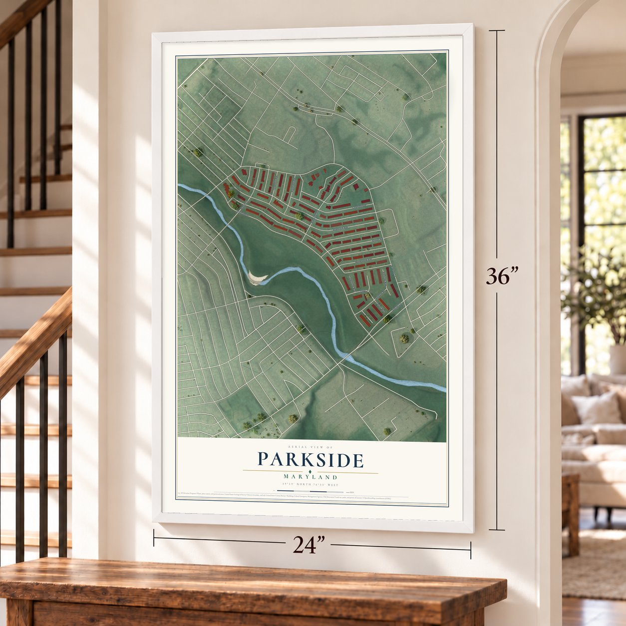 Parkside, Maryland map, 24 x 36 inch print in a white frame by a staircase