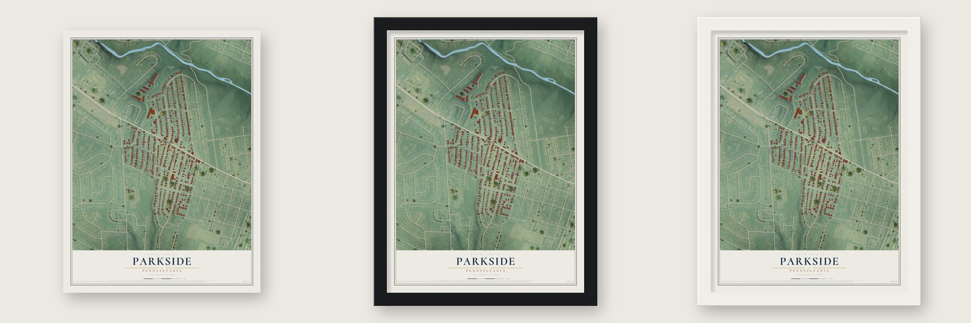 Parkside, Pennsylvania map unframed, in a black wood frame and in a white wood frame