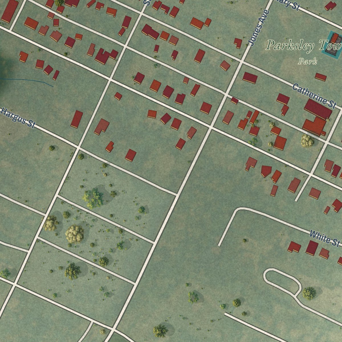 Second close-up of the map of Parksley, Virginia print showing more streets and buildings
