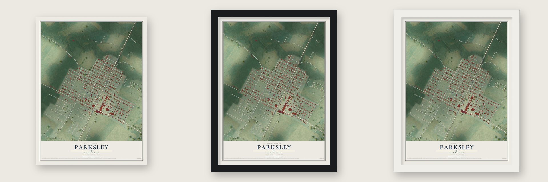 Parksley, Virginia map unframed, in a black wood frame and in a white wood frame