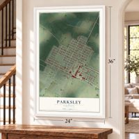 Parksley, Virginia map, 24 x 36 inch print in a white frame by a staircase