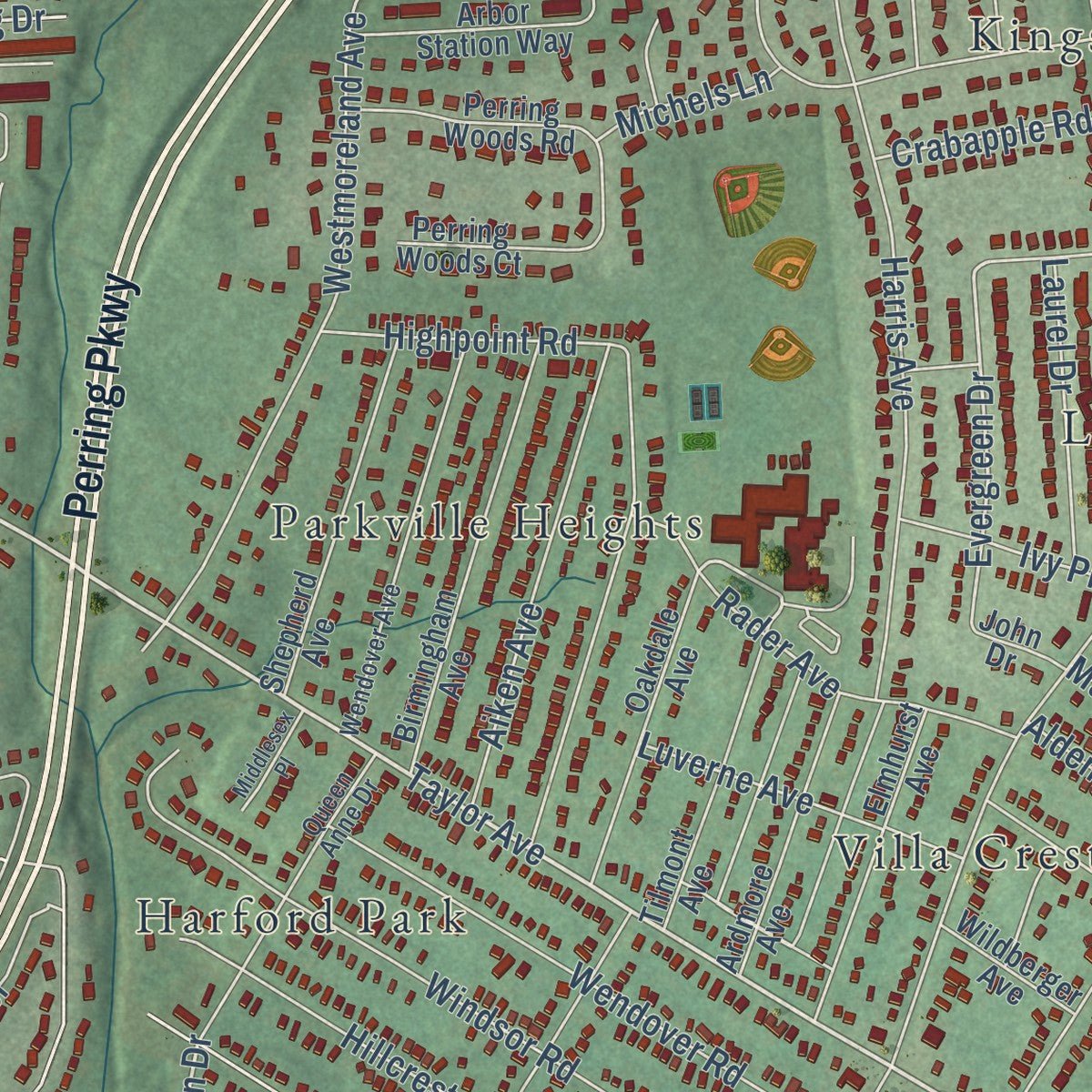 Second close-up of the map of Parkville, Maryland print showing more streets and buildings