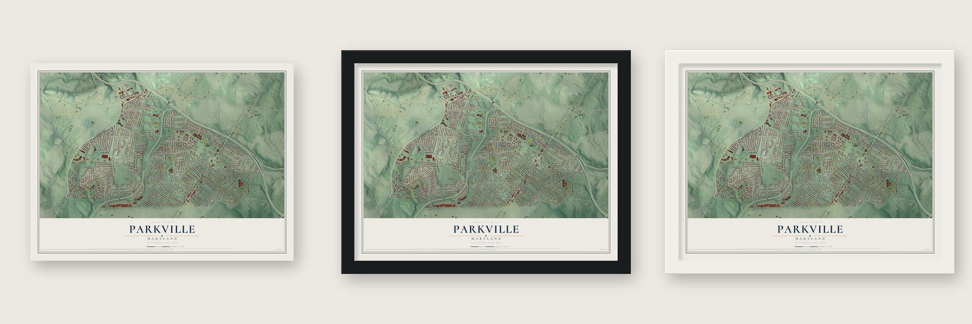 Parkville, Maryland map unframed, in a black wood frame and in a white wood frame