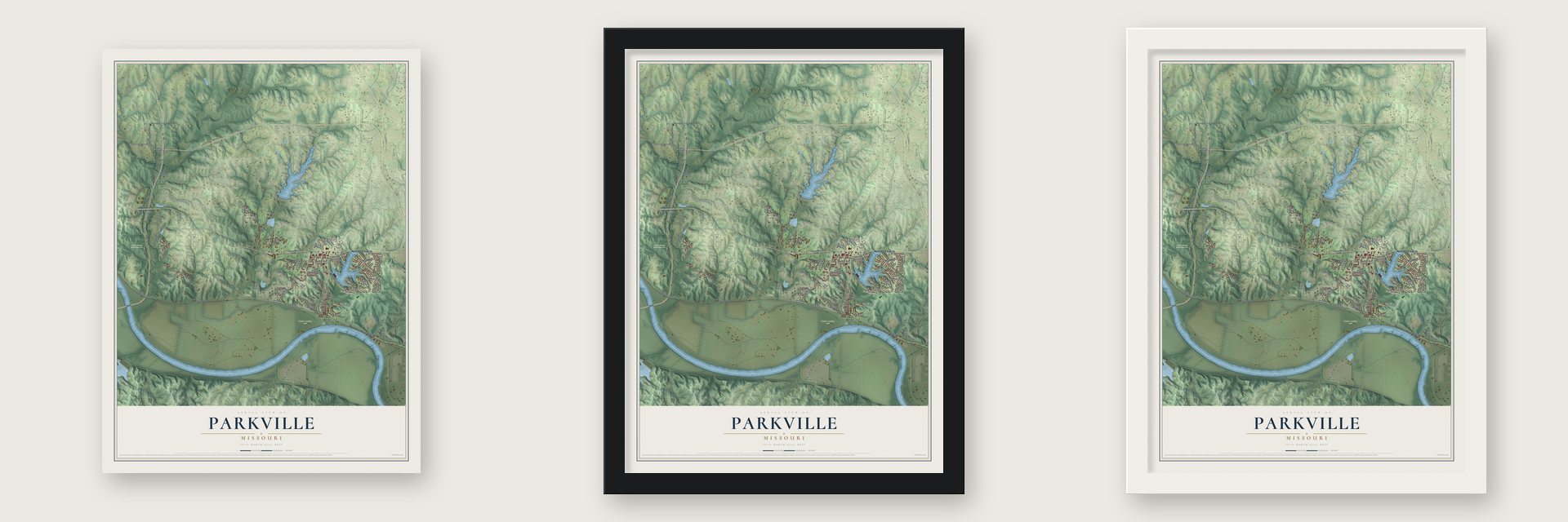 Parkville, Missouri map unframed, in a black wood frame and in a white wood frame