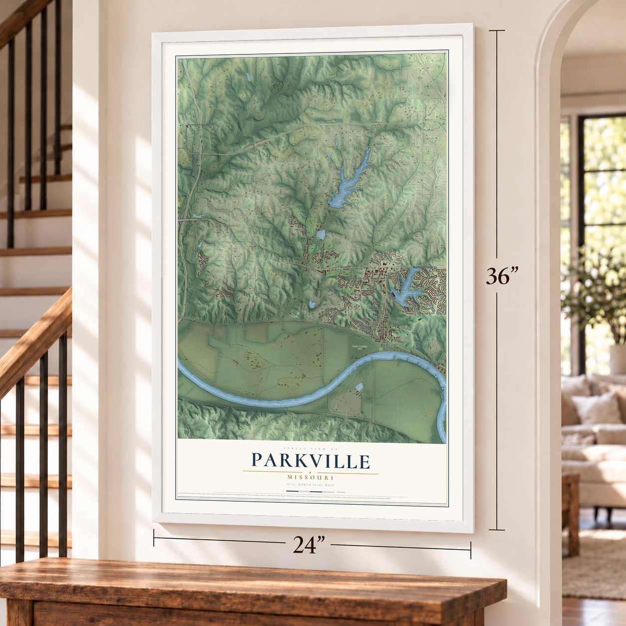 Parkville, Missouri map, 24 x 36 inch print in a white frame by a staircase